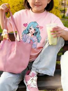 1pc Girls Casual Heart Print Round Neck Short Sleeve T-Shirt, Summer Student Youth Clothing - The T-Shirt With A Lovely Heart Print Brings Joy And Happiness To Every Child! - Pink - View 2