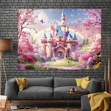 1pc Fairy Tale Castle Background With Pink Cherry Blossom Forest And Rainbow, Polyester, No Power Needed, For Photography, Birthday, Wedding, Princess Party Decor - Multicolor - View 4