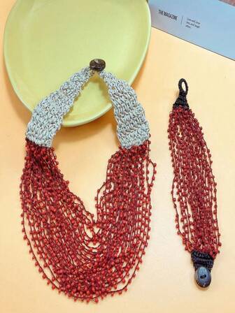 一套手工串珠项链+手链，波西米亚风格，时尚度假配饰，高端设计女士项链手链套装，适合派对和聚会的时尚首饰