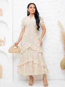 Women's Maxi Dress With Embroidered Appliqués, Puff Sleeves, Layered Skirt, V-Neck, Faux Buttons On The Bust, Elegant, Romantic And Perfect. - 米色 - 查看 5