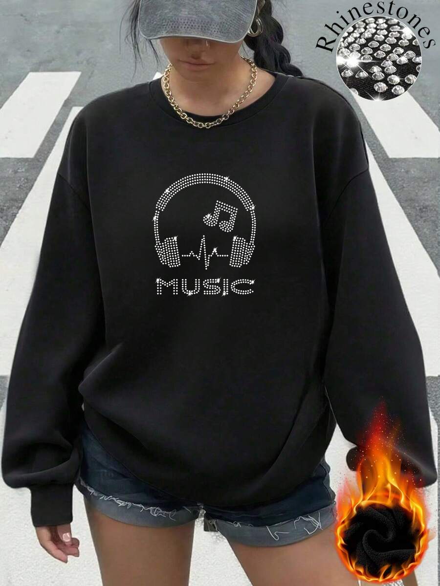 Top deportivo para mujer con patrón de letras de strass, top deportivo holgado de hombros caídos, top deportivo oversize de forma curva, tela gruesa de invierno, capa base para mujer, sudadera con capucha y cordón, top deportivo casual holgado, multifuncional para calle y exterior, adecuado para clima frío, top de manga larga, ropa deportiva de calle para mujer - Negro - Ver 1