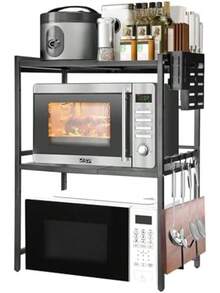 Estante para Microondas Organizador de Cocina, Estante Extensible de 3 Niveles con Ganchos para Utensilios, Tabaquera y Portatablas,Soporte para microondas para Cocina Negro - H - Ver 1