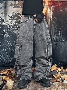 1 pieza Jeans casuales sueltos con cordón y bolsillo, estilo vintage desgastado gris para hombre, estilo callejero, múltiples tallas (cinturón y accesorios no incluidos) - Gris - Ver 3