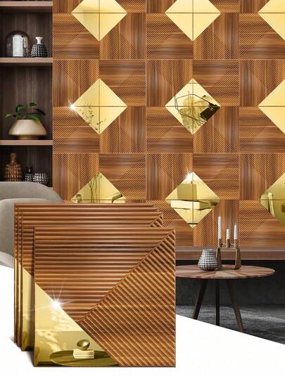 4PCS 3D PVC Mirror Combination Wall Panels For Interior Wall Decor, Waterproof Removable And Erasable Textured Accent Walls Paneling For Living Room, Bedroom, TV Background,30*30CM / 12"X12" White And Wood