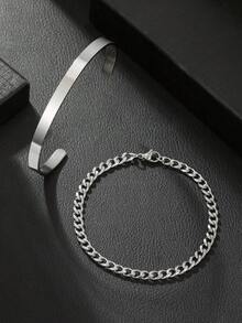 2pcs Punk Hiphop Stainless Steel Chain Bracelet Set, Suitable For Teenage Boys, Vintage Silver Minimalist Bracelet & Bangle, Best Gift For Friends, Daily Wear - Multicolor - View 1