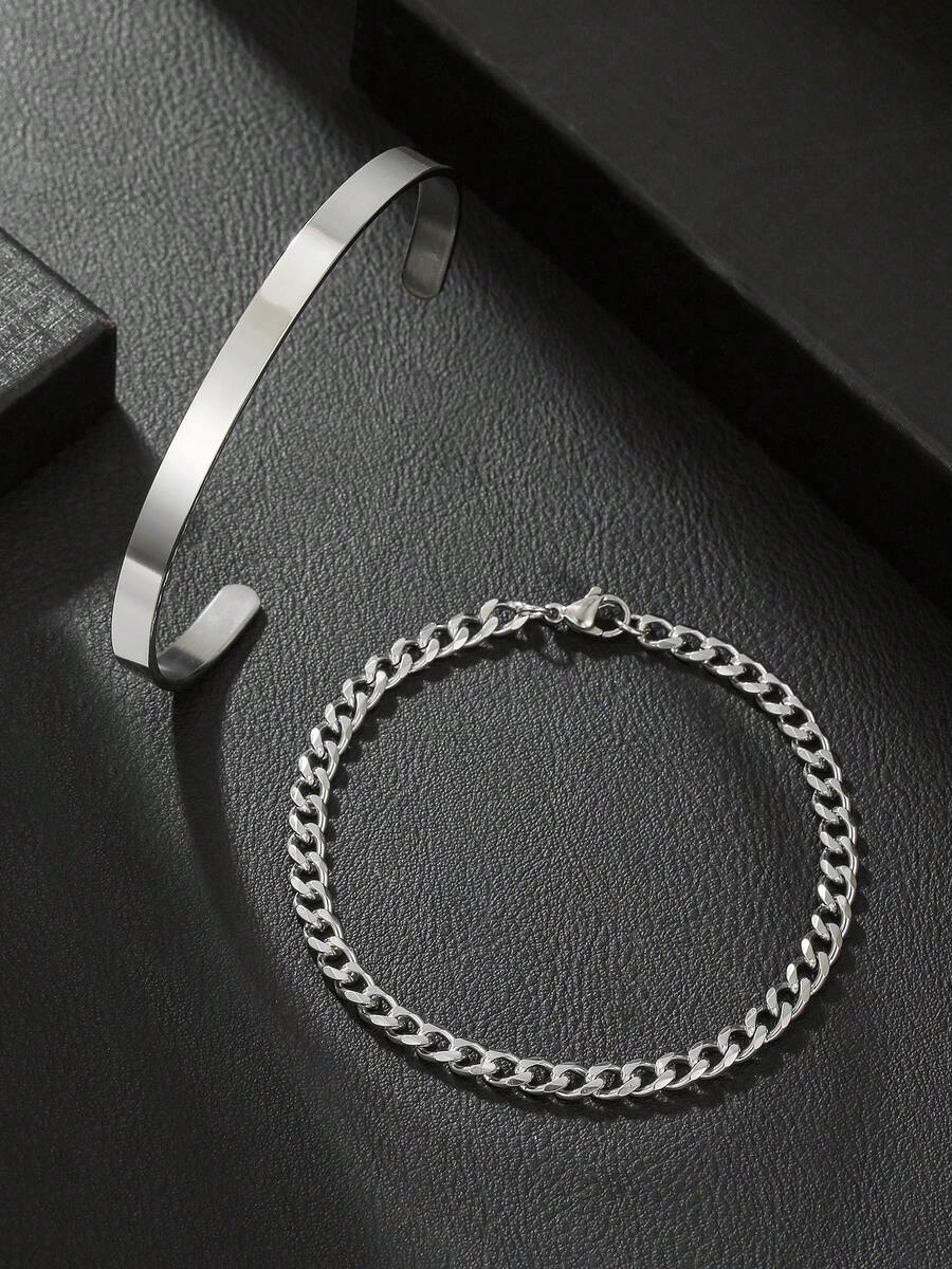 2pcs Punk Hiphop Stainless Steel Chain Bracelet Set, Suitable For Teenage Boys, Vintage Silver Minimalist Bracelet & Bangle, Best Gift For Friends, Daily Wear - Multicolor - View 1