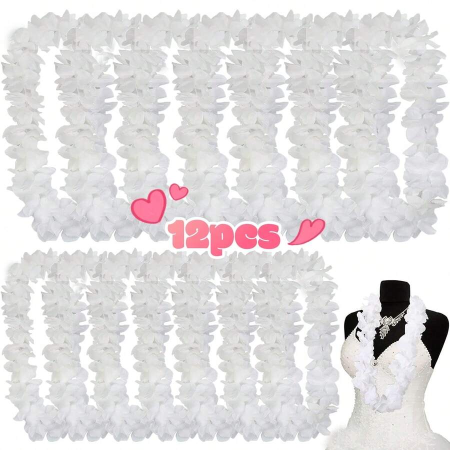 12 Pcs White Garland Wedding Bulk Plastic White Garland Luau Hawaii Beach Wedding Hawaiian Garland Necklace Luau Clothing Accessories Wedding Party Dress Up (6/12 Pcs)