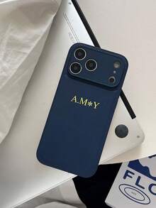 Customized Initial Name Phone Case, Compatible With IPhone 17/16/15/14/13 Pro Max Plus Air, 3D Embossed Luxury Litchi Grain Genuine Leather Protective Cover, Great Gift - Blue - View 5