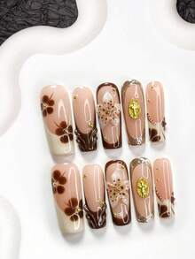 10片装优雅复古美甲贴纸套装，手绘法式美甲图案，金色十字形圆片，手工浅粉色五瓣花（镶嵌金色水钻），纯色水波纹，棕色五瓣花朵美甲贴纸，银色饰边，白色指甲油，包含美甲工具（1个果冻贴纸+1个指甲锉）美甲用品 - 彩色 - 查看 15