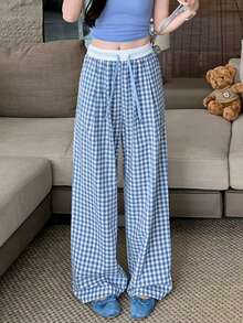 Pantalones de mujer Pantalones de cuadros para mujer con diseño de colores contrastantes, estilo relajado, corte recto, caída elegante, pantalones largos y sueltos, versión fina de pierna ancha - Azul - Ver 5