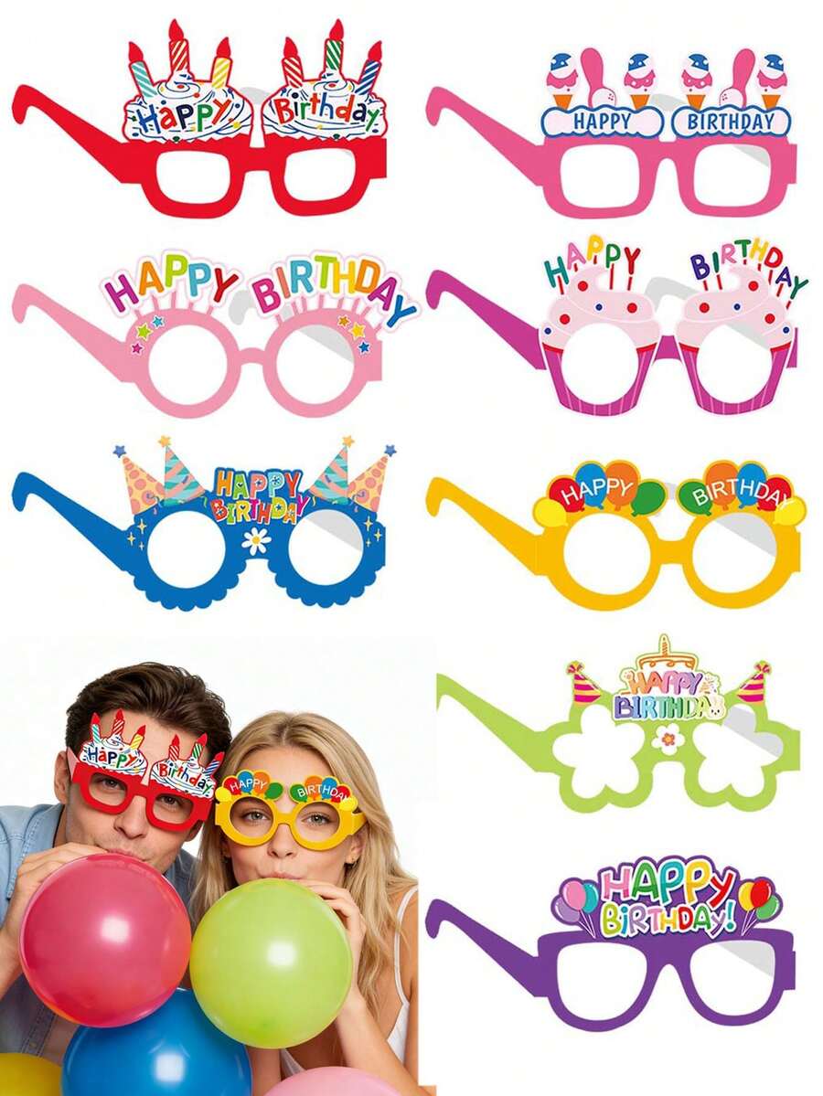 8/4pcs Happy Birthday Paper Glasses Frames, Creative Photo Prop Glasses, Suitable For Birthday Parties, Celebrations, Festivals, Birthday Wishes - Multicolor - View 1