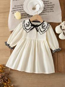 1pc Girls Embroidered Collar Dress, Long Sleeve Elegant Minimalist Dress For Outings And Vacations, Spring/Autumn - Apricot - View 1