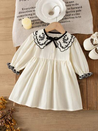 1pc Girls Embroidered Collar Dress, Long Sleeve Elegant Minimalist Dress For Outings And Vacations, Spring/Autumn