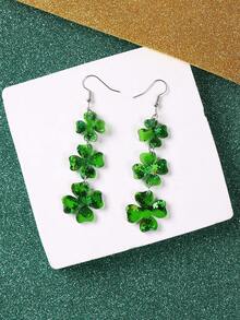 一对可爱闪亮绿色幸运四叶草造型激光效果四叶草亮片亚克力耳坠，适合女性和女孩佩戴，是圣帕特里克节派对、爱尔兰节日配饰珠宝的理想之选。 - 彩色 - 查看 2