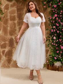 Women Plus Size Elegant Floral Lace Mesh Sweetheart Neck Ankle Length Semi Formal Wedding Dress For Bridal Shower Wedding Dresses For Bachelorette Party Engagement Brunch Honeymoon Reception Rehearsal