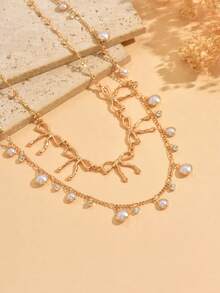2pcs/Set Elegant Bowknot Pendant Necklace, Versatile Faux Pearl & Rhinestone Chain Layered Jewelry For Women, Adjustable Length - Gold - View 3