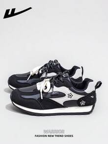 1双 WARRIOR 女士厚底系带软底休闲鞋，低帮户外平底鞋，圆头低跟防滑纯色优雅软底徒步鞋，适合学生，春夏款 - 黑/白 - 查看 1