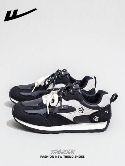  1双 WARRIOR 女士厚底系带软底休闲鞋，低帮户外平底鞋，圆头低跟防滑纯色优雅软底徒步鞋，适合学生，春夏款