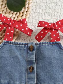 Baby Girls' Washed Denim Dress With Polka Dot Print And Strawberry Embroidery, Cute And Fashionable, Suitable For Baby's Vacation And Daily Wear, Spring/Summer - Blue - View 3