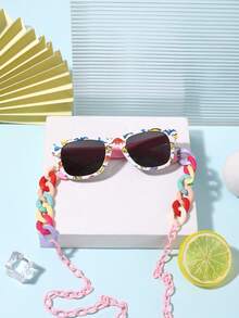 1副适合6-12岁女孩的可爱趣味迷彩恐龙经典方形镜框时尚眼镜，配1条环形扣眼镜链，适合节日派对佩戴，附带眼镜盒 - 彩色 - 查看 12