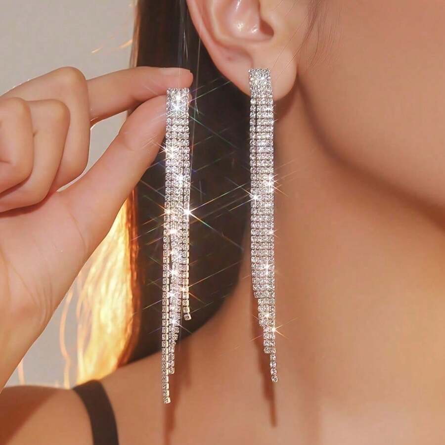 Japanese And Korean Luxury Super Flash Rhinestone Long Fringed Earrings Women's Temperament Stud Earrings Ear Jewelry Earrings - 銀色 - 查看 1