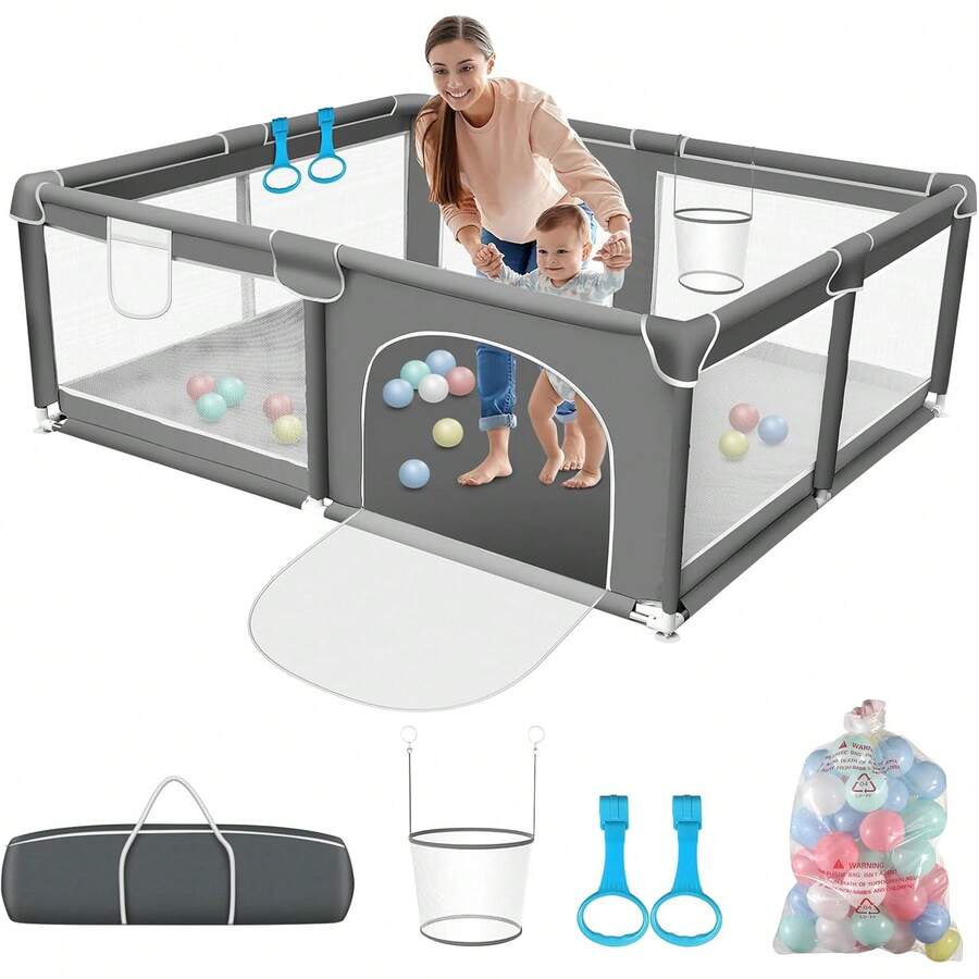 Corralito para Bebé, Juego de Parque Infantil, con 50 Bolas Oceánicas, Aro de Baloncesto, Anillos de Tracción, Bolsa de Almacenamiento, , Suave y Transpirable Parque de Juegos - Manzana azul, 180 * 150 - Ver 1