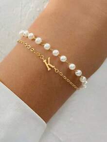 2Pcs/Set Simple Fashion Custom Name Initial Pendent Gold Color Stainless Steel Chain Faux Bead Chain Bracelets For Women - Multicolor - View 3