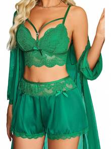 Women Set 3 Piece Lingerie Lace Cami Sleepwear And Silk Satin Pjs Sets With Mesh Kimono Robe - 綠色 - 查看 6