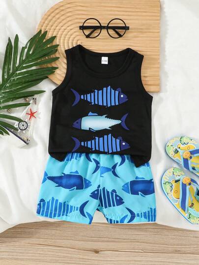 2 st/set babypojke med söt hajgrafik och shorts med tryck, andningsbar sommaroutfit med sportdetaljer