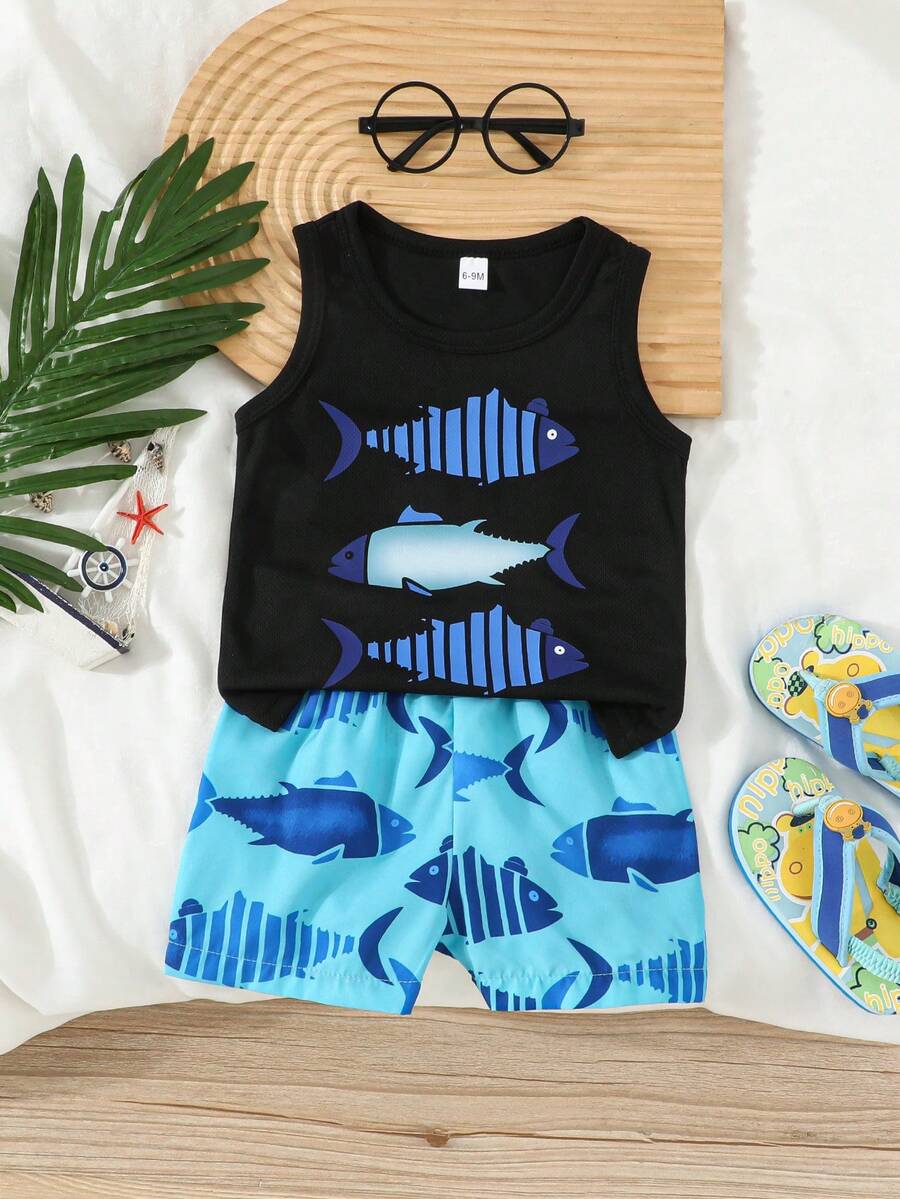 2pcs/Set Baby Boy Cute Shark Graphic Top & Allover Print Shorts Set, Breathable Casual Sports Outfit For Summer - Black - View 1