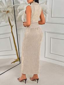 AIJ Amarilo Women's Elegant Fashion Commuter Single-Breasted Summer Dress, Simple Casual Striped Button Sleeveless Dress - Apricot - View 2