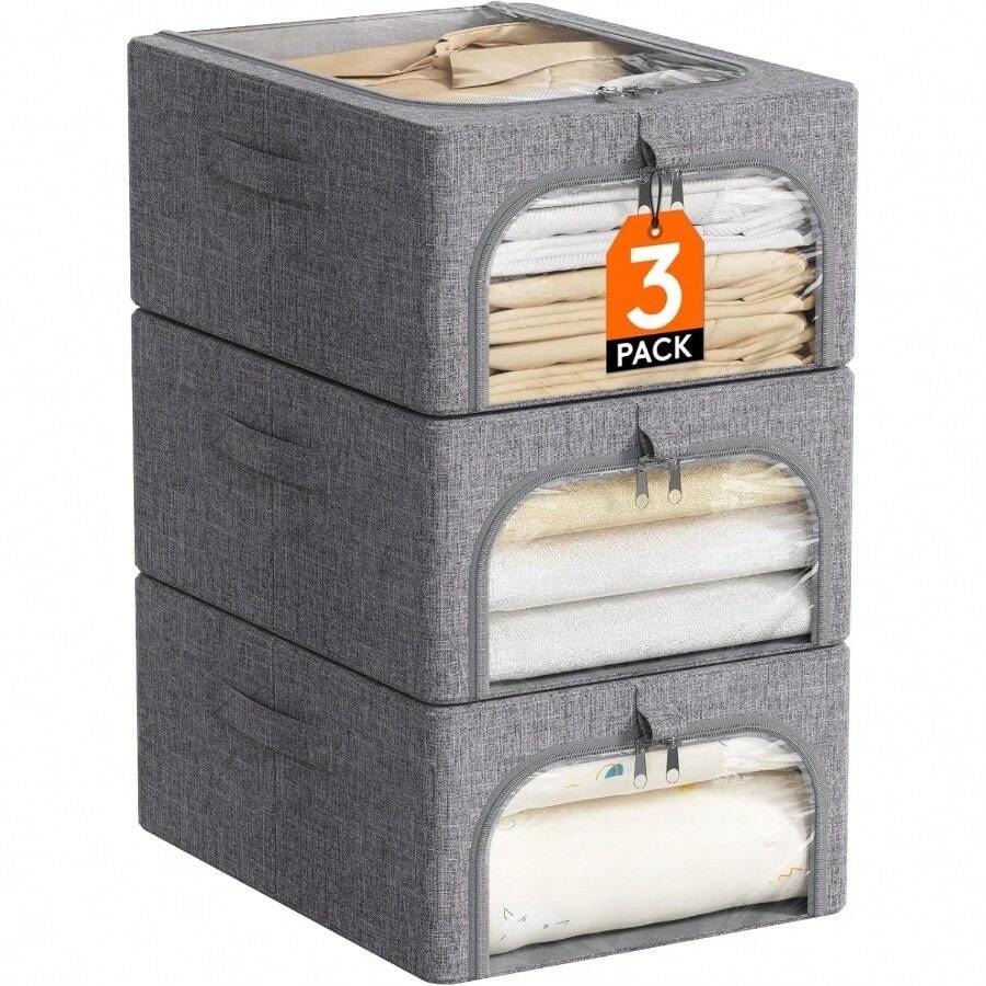 Clothes Storage Bins With Metal Frame 3 Pack, Fabric Stackable Storage Bags With Lids, Zipper, Foldable Clost Organizers Containers Clothing, Blanket, Winter Cloth, 25L - 3 + 25L - View 1