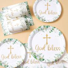 7/9 Inch Cross-Shaped Disposable Plate Set, Party Plates, Includes Disposable Paper Plates, Cups, Napkins, Suitable For Wedding, Engagement, Birthday, Wedding Party Tableware - Multicolor - View 5