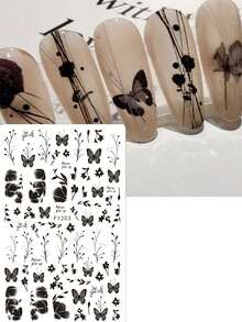 2 miếng dán móng tay hình hoa bướm đen, kiểu Gothic, họa tiết lá hoa năm cánh, phụ kiện trang trí móng tay, dụng cụ làm móng, miếng dán móng tay. - màu đen - Xem 7