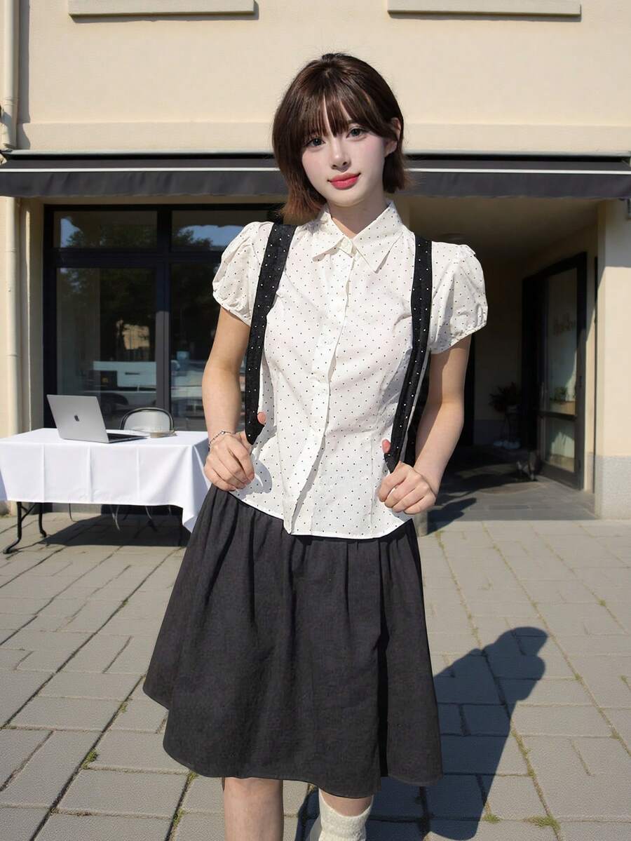 可爱荷叶边领波点修身短袖衬衫,夏季百搭 - 杏色 - 查看 1