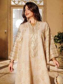 Đầm nữ cổ chữ V phối màu đính sequin, kiểu dáng thanh lịch và thời trang, tay dài dáng chữ A, thích hợp cho tiệc tùng, đám cưới, trang phục Hồi giáo cho mọi mùa xuân. - Màu be - Xem 6