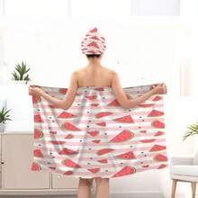 1/2pcs Spring/Summer Easter Mother's Day Watermelon Striped Bathrobe Set, Women's Ultra-Soft Fiber Hair Towel & Body Wrap Set, Women's Hair Towel Wrap, Women's Bath Towel, Hair Towel, Women's Face Towel - Multicolor - View 6