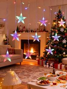 1 Set 2M 62 LED Star Curtain String Lights, Battery Powered, Suitable For Indoor Bedroom Decor, Room Decor, Wall Decor, Curtain Decor, Home Decor, Yard Decor, Also For Holiday, Party, Wedding, Christmas Decoration - 9 Stars - View 9