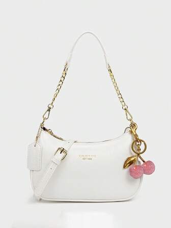 กระเป๋าสะพายไหล่ผ้า PU กันน้ำสีพื้นดีไซน์ตกแต่งลายตัวอักษรคลาสสิกแฟชั่นใหม่ กระเป๋าทรงพระจันทร์เสี้ยว กระเป๋าหนีบ เหมาะสำหรับช้อปปิ้ง สะพายได้ พร้อมจี้รูปเชอร์รี่ กระเป๋าทรงพระจันทร์เสี้ยวฤดูร้อน วันหยุดริมทะเล ฤดูกาลโรงเรียน กระเป๋าถือสุภาพสตรี