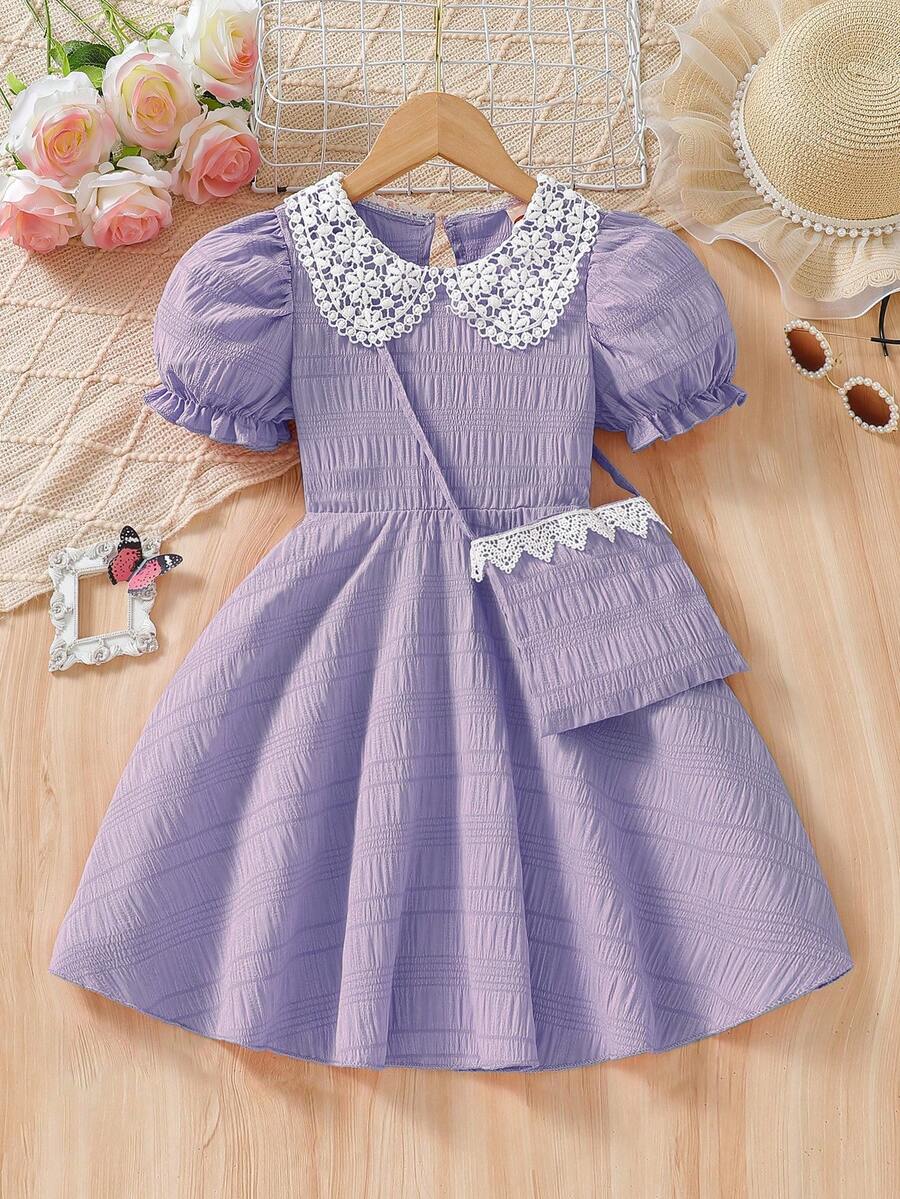 Young Girl' Fashion Casual Ruffle Collar Puff Sleeve Dress + Matching Simple Versatile Bag Set - Mauve Purple - View 1