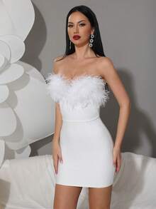 Modphy Strapless Faux Feather Fringe Bandage Bodycon Sexy Mini Dress, Elegant Party/Holiday Dress For Women - White - View 4