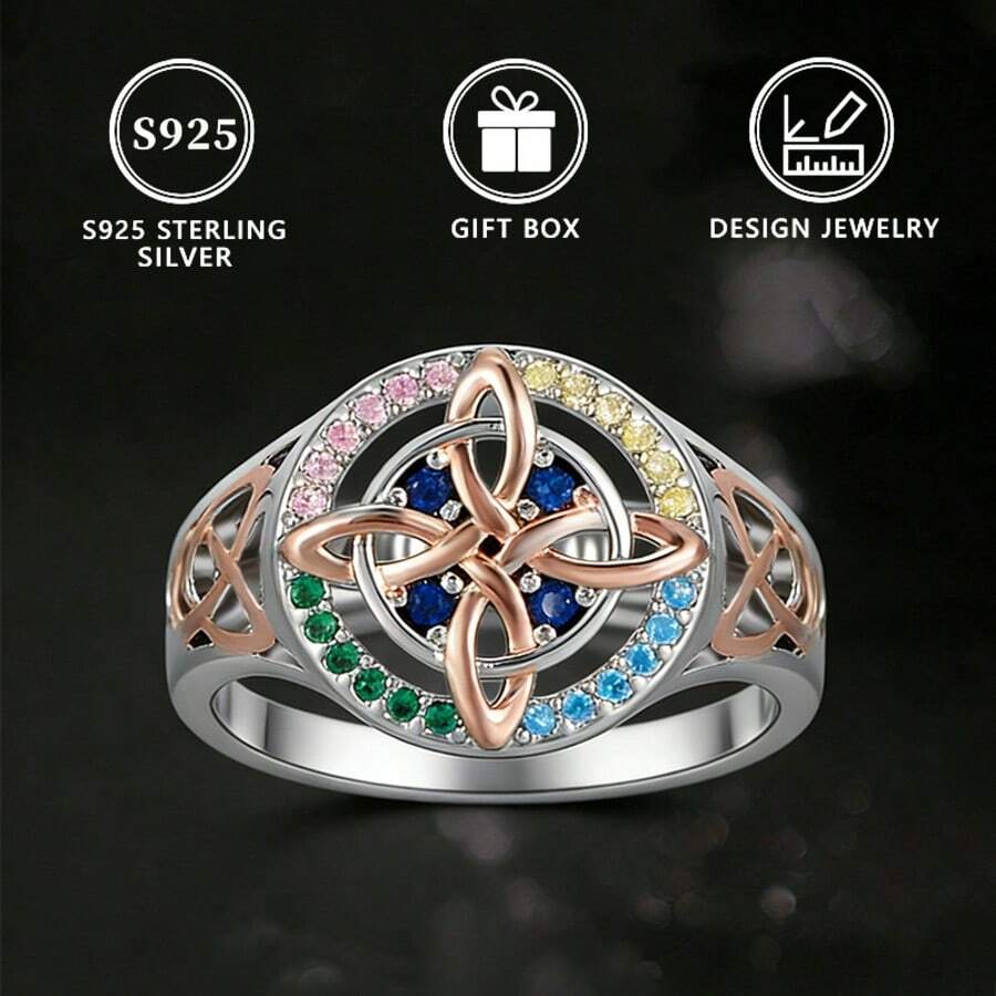 1 Peça Anel Feminino de Prata Esterlina S925 com Nó Celta Incrustado de Zircônia Sintética Colorida - Prata - Visão 1