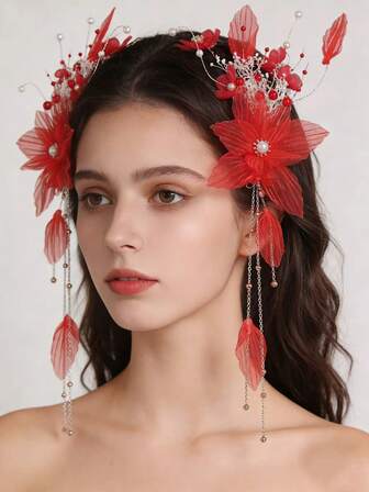 2pcs Chiffon Elegant Red Flower Hair Accessories, Prop For Photo Studio, Hanfu Hair Clip