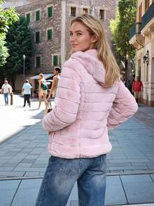 女士仿毛皮连帽口袋外套 - 秋冬季的完美之选 - 粉色 - 查看 5