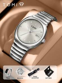 TOMI Men's Watch With Star Brooch & Ring Set, Elegant Round Dial Zinc Alloy Strap Quartz Watch, Gift Box For Daily, Business, Father's Day, Valentine's Day, Christmas, - Silver - View 10