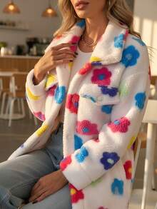 Womens Casual Fuzzy Floral Print Teddy Coat Button Front Long Sleeve Warm Knitted Fabric Midi Jacket With Collar And Pockets - 彩色 - 查看 3