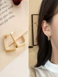 1 par de pendientes de botón cuadrados dorados de estilo minimalista, con diseño geométrico hueco, elegantes y versátiles, regalo para vacaciones/Día de San Valentín - irregular - Ver 11