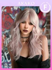 AKAKO 时尚浅粉色波浪卷发假发，20英寸中长波浪卷发，带刘海，全机织合成纤维，耐热，适合日常佩戴、音乐节角色扮演、前卫Y2K和哥特街头风派对。 - 淺粉色 - 查看 1