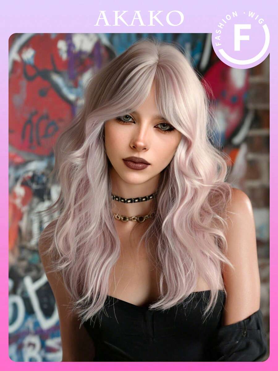 AKAKO 时尚浅粉色波浪卷发假发，20英寸中长波浪卷发，带刘海，全机织合成纤维，耐热，适合日常佩戴、音乐节角色扮演、前卫Y2K和哥特街头风派对。 - 淺粉色 - 查看 1