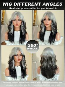 AKAKO 时尚渐变黑灰波浪波波头假发，女士款，20英寸中长波浪卷发，带刘海，全机织合成发，耐热黑白假发，适合日常佩戴、音乐节角色扮演、前卫Y2K及哥特街头风派对假发配饰 - 黑與白 - 查看 5